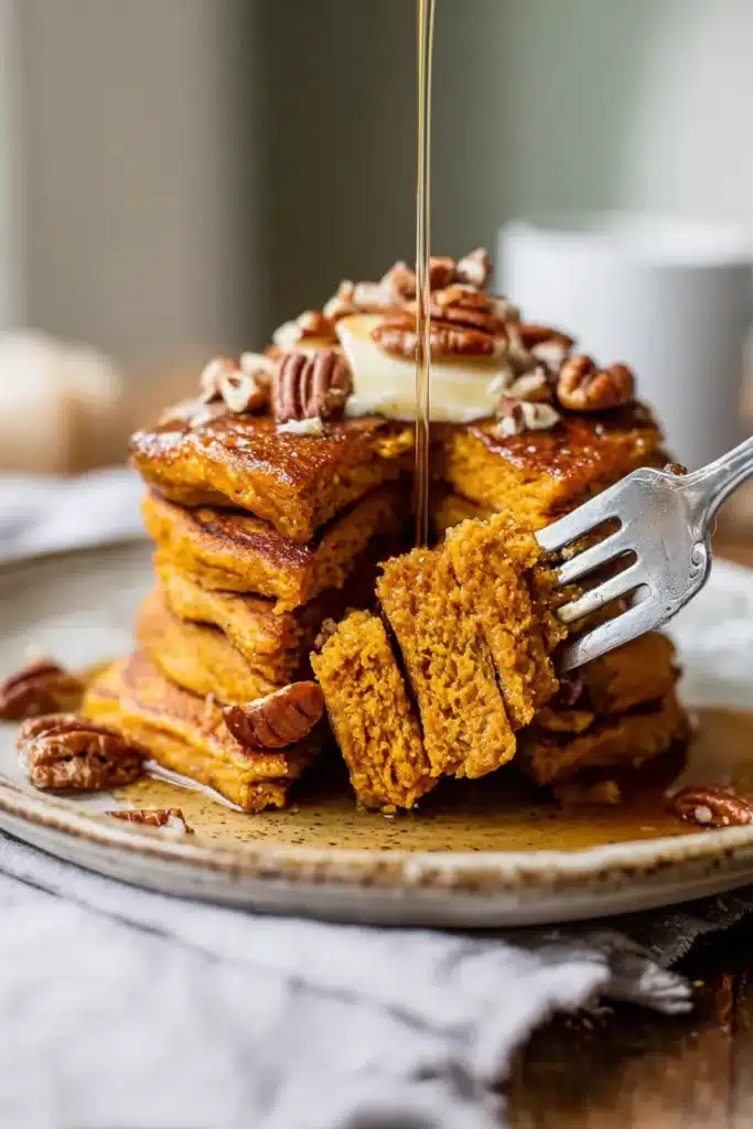 Fluffy pumpkin pancakes cut with fork showing soft texture