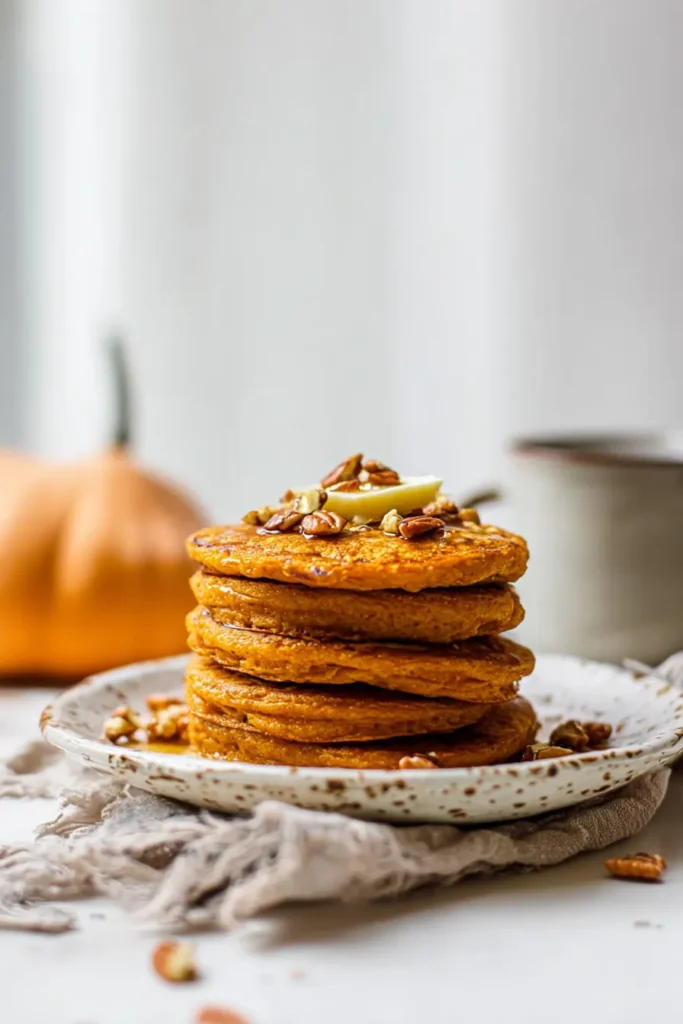 Stack of healthy pumpkin pancakes with butter and pecans