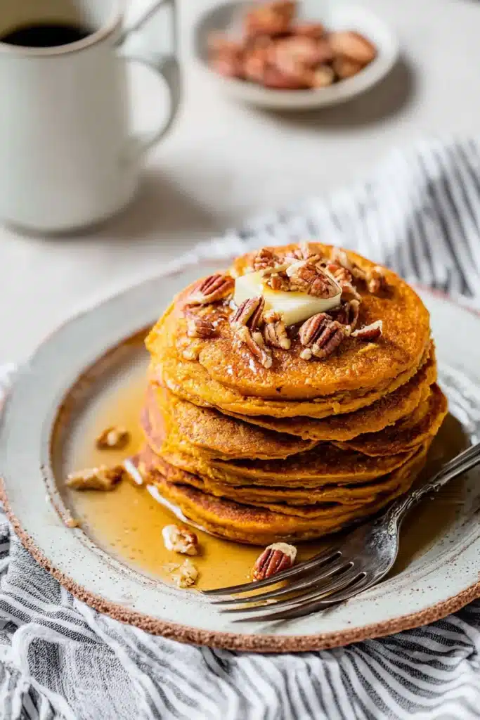 Stack of healthy pumpkin pancakes with butter, pecans, and maple syrup