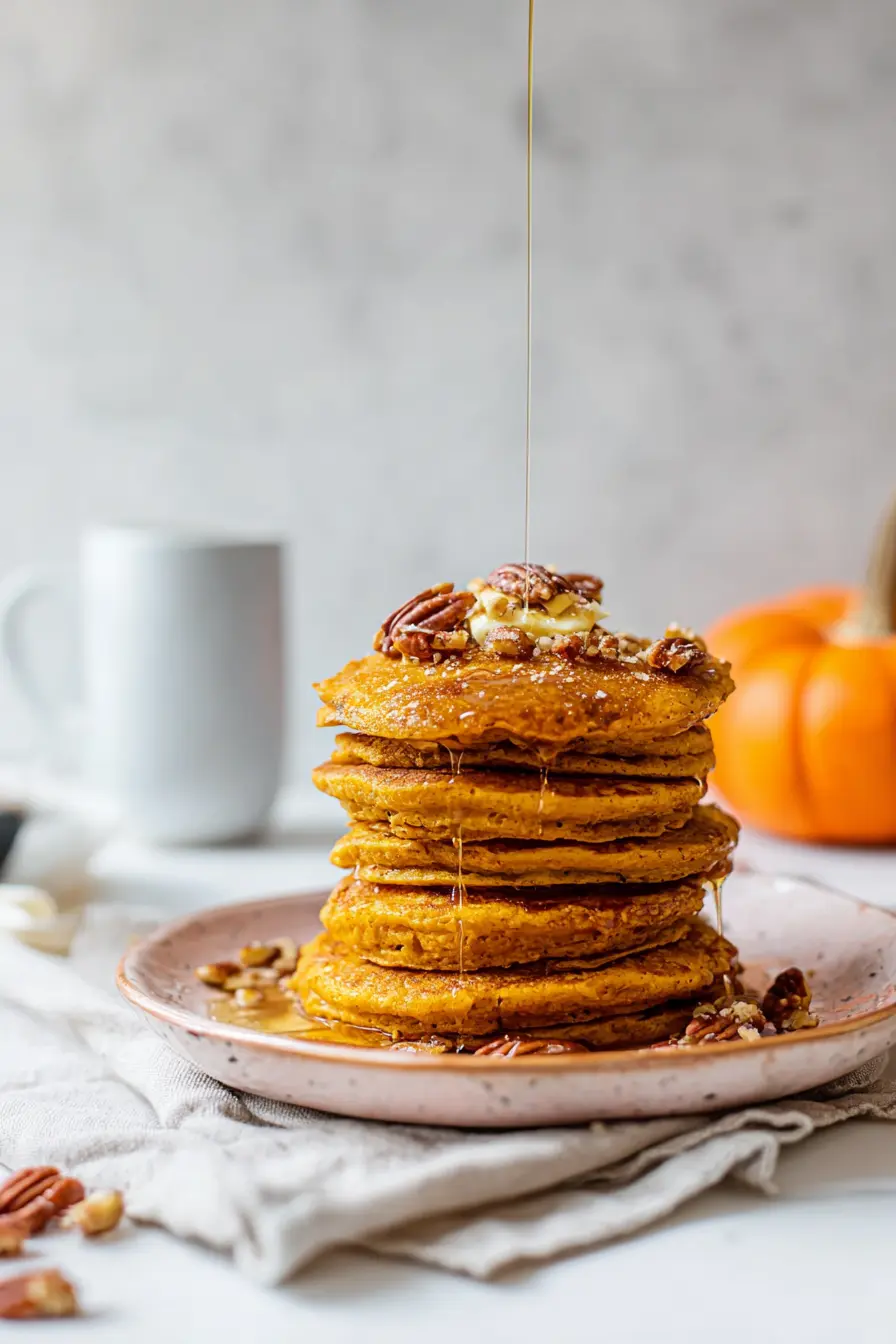 Stack of healthy pumpkin pancakes with maple syrup and pecans