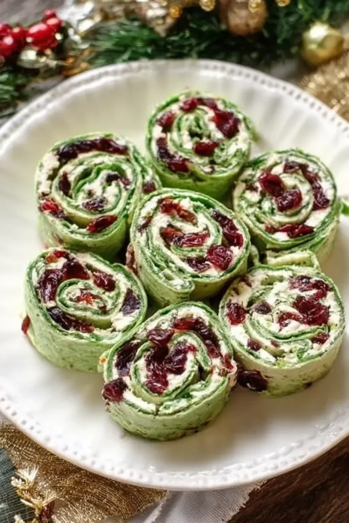Cranberry and feta pinwheels arranged on a festive serving plate