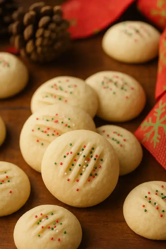 Whipped shortbread cookies on a wooden table with red holiday napkins