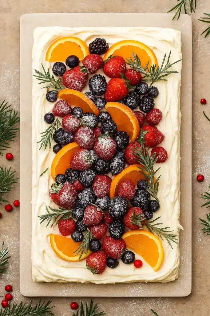 Overhead view of easy Christmas cheesecake slab with berries, oranges, and rosemary