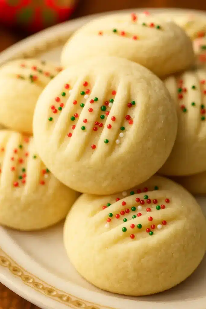 Whipped shortbread cookies with festive sprinkles on a holiday plate