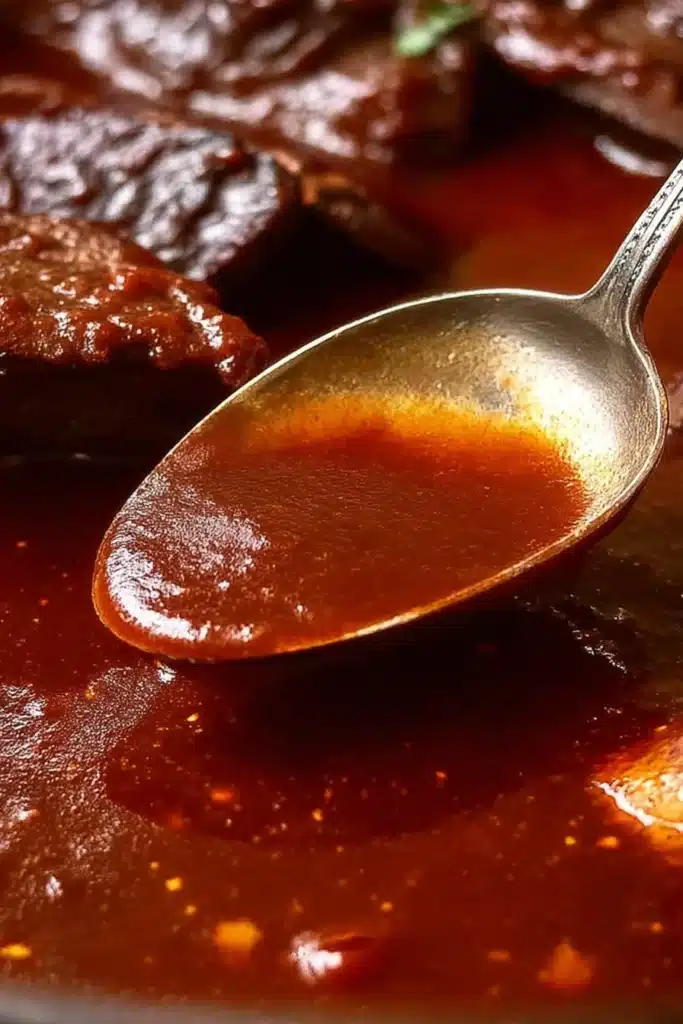 Spoon lifting rich BBQ sauce for slow cooked beef ribs
