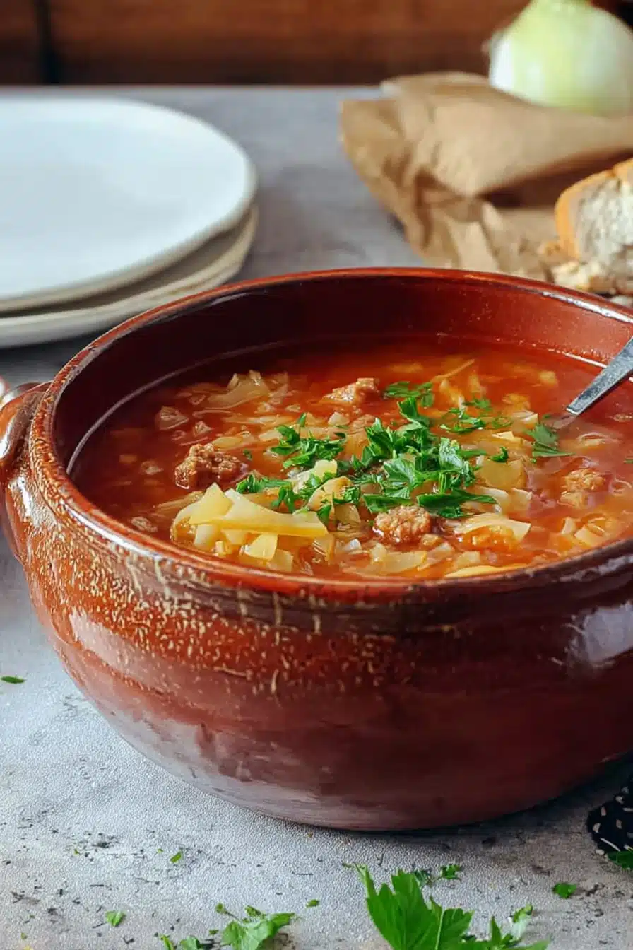 Hearty Golumpki Soup with cabbage, rice, and sausage in a rustic ceramic bowl