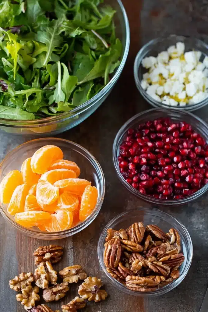 Christmas Salad : A Colorful Holiday Favorite 9 Christmas Salad Recipe ingredients with oranges, pomegranate, feta, pecans, and greens
