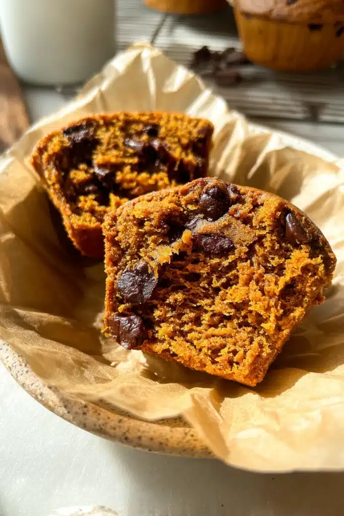 Split gluten free pumpkin muffin with melted chocolate chips inside