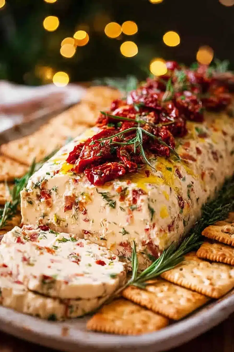 Italian cheese log with sun dried tomatoes, herbs, and crackers for Christmas appetizer