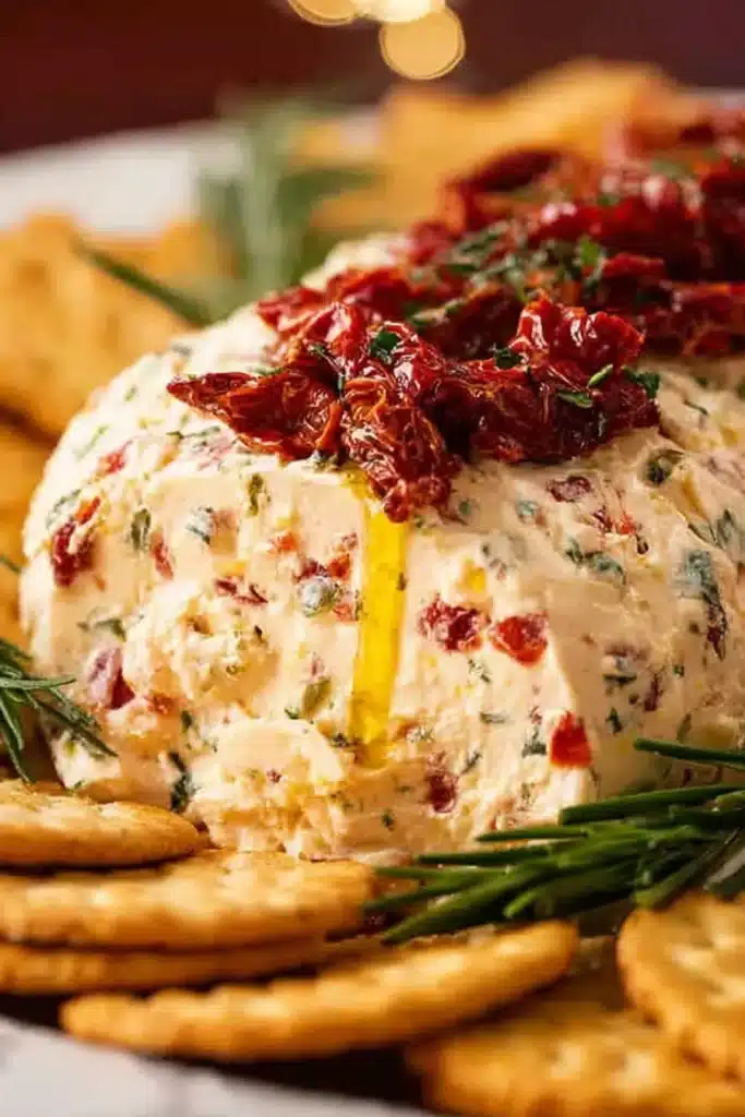Close-up of Italian cheese log with sun dried tomatoes, herbs, and crackers