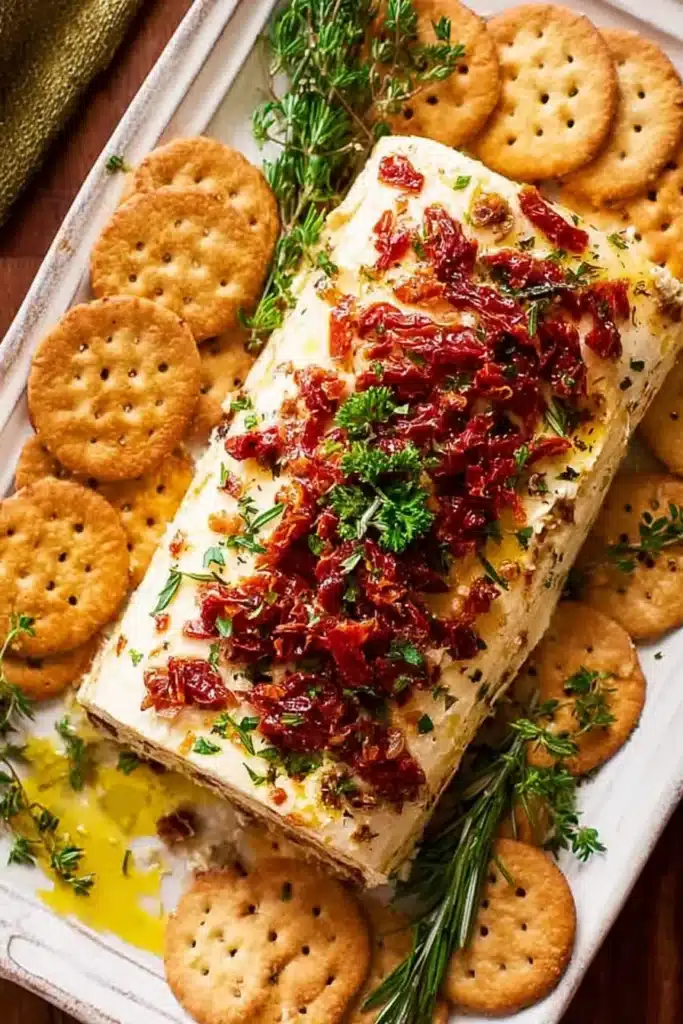 Top-down view of Italian cheese log with sun dried tomatoes, rosemary, and crackers