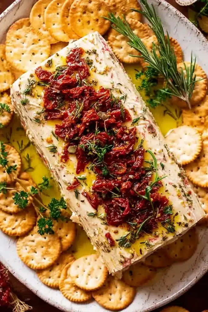 Italian cheese log topped with sun dried tomatoes and rosemary served with crackers