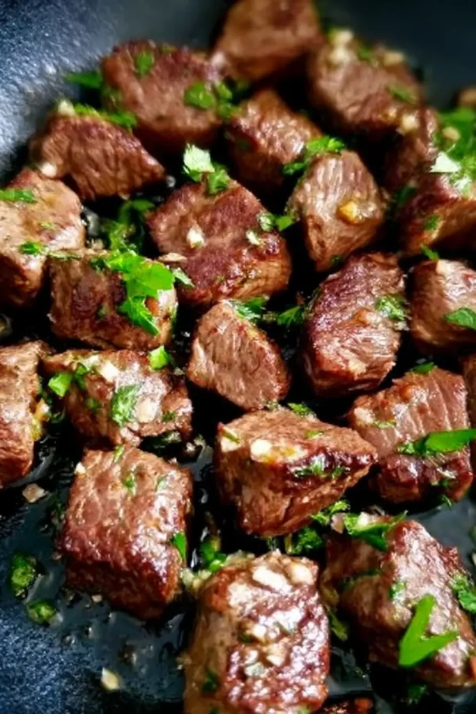 Garlic butter air fryer steak bites with crispy edges and fresh parsley