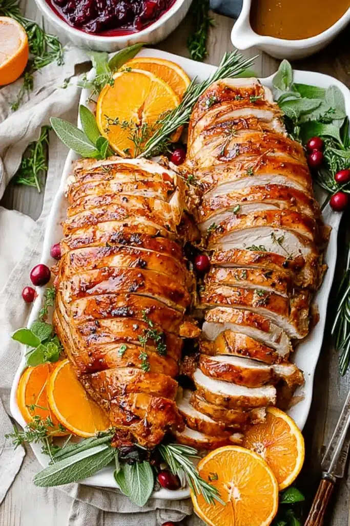 Sliced roast turkey breast with orange slices and rosemary on a platter