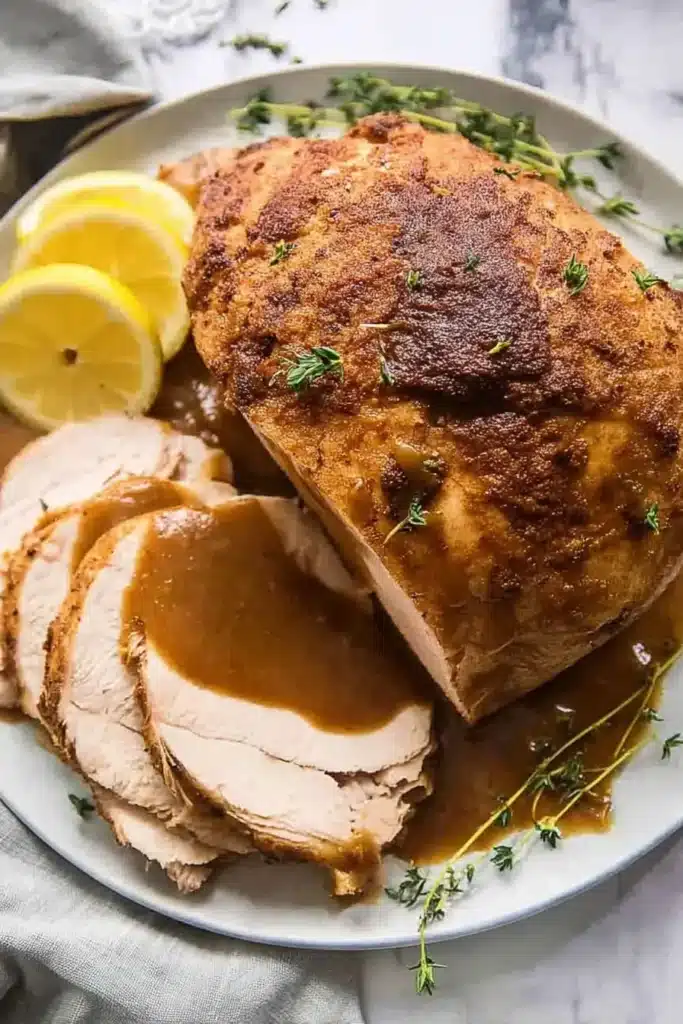 Juicy Slow Cooker Turkey Breast – Simple & Sensational 10 Juicy slow cooker turkey breast with crispy skin and gravy on a white plate with lemon and thyme