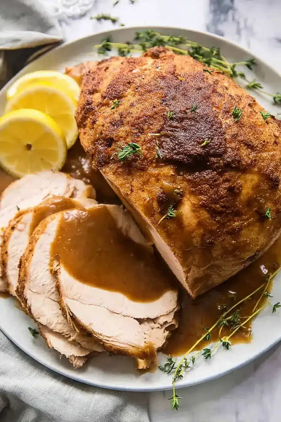 Juicy slow cooker turkey breast with crispy skin and gravy on a white plate with lemon and thyme
