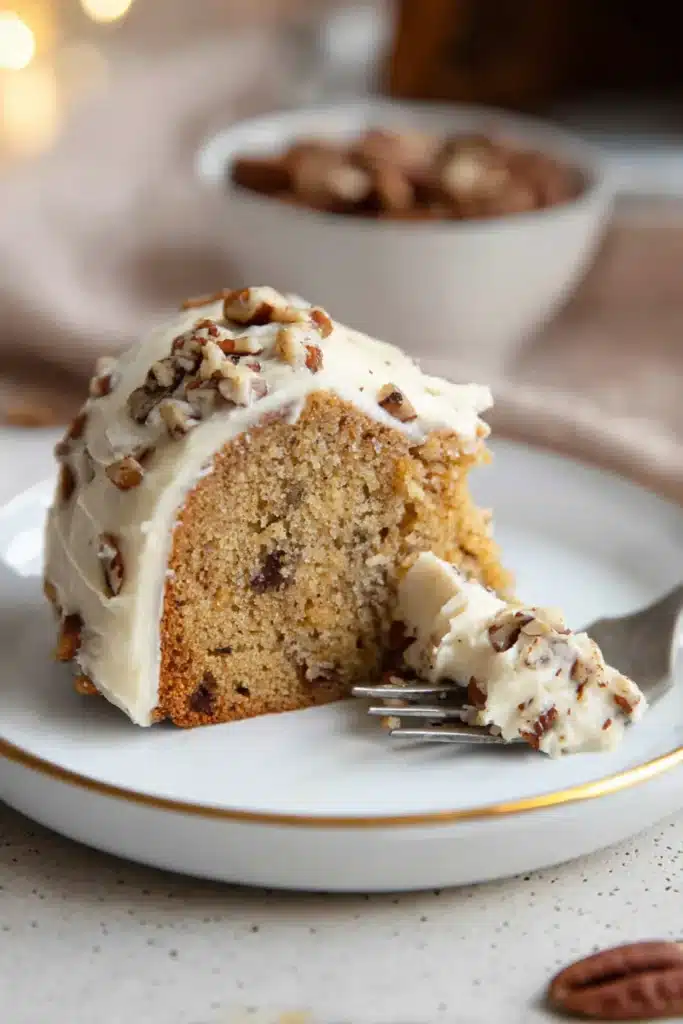 Keto Butter Pecan Pound Cake – Moist, Nutty & Delicious 10 Fork lifting a slice of keto butter pecan pound cake with frosting