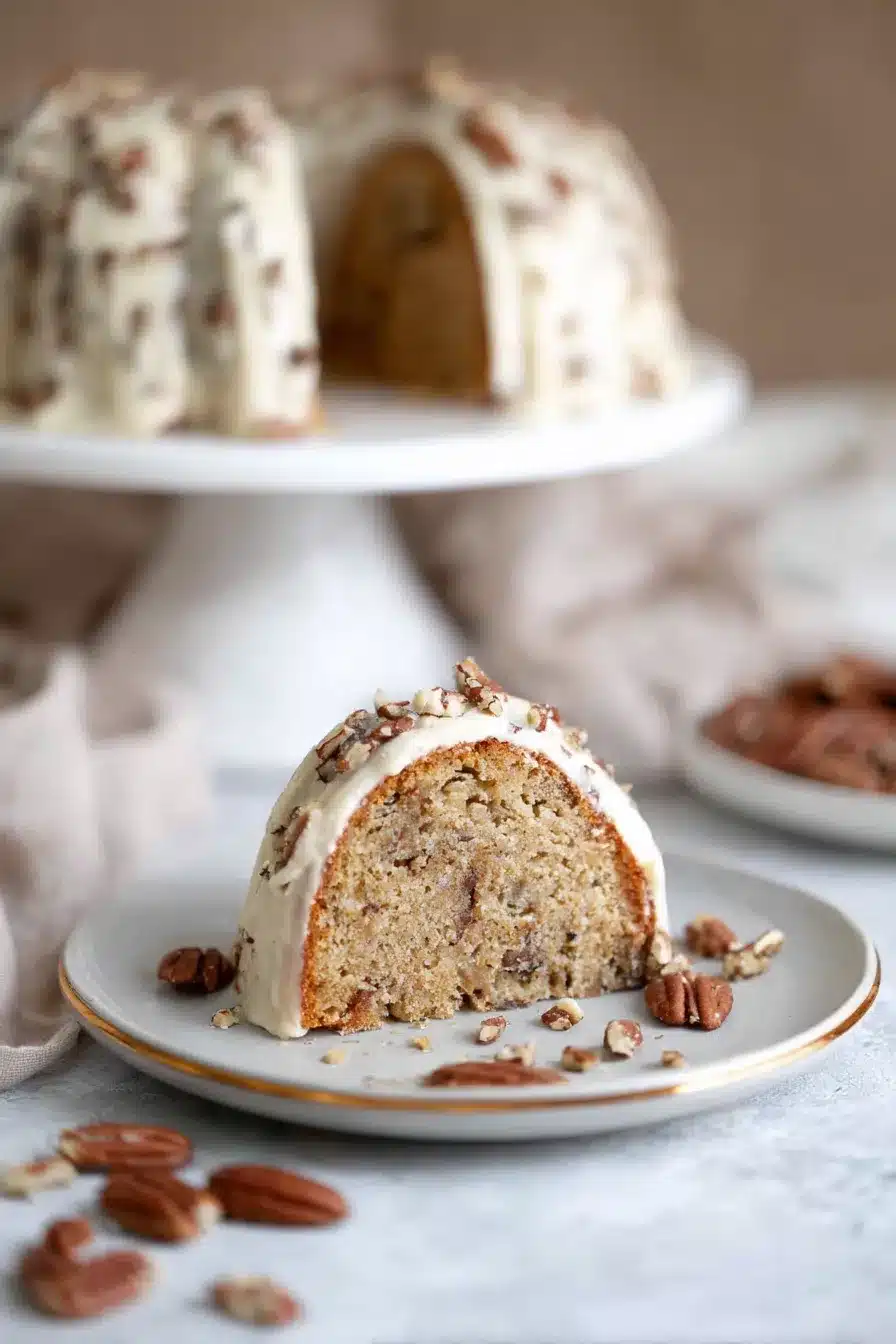 Slice of keto butter pecan pound cake with cream cheese frosting and pecans