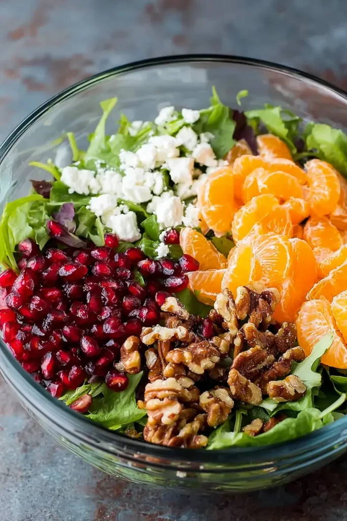 Christmas Salad : A Colorful Holiday Favorite 10 Christmas Salad Recipe with separated ingredients in a glass bowl