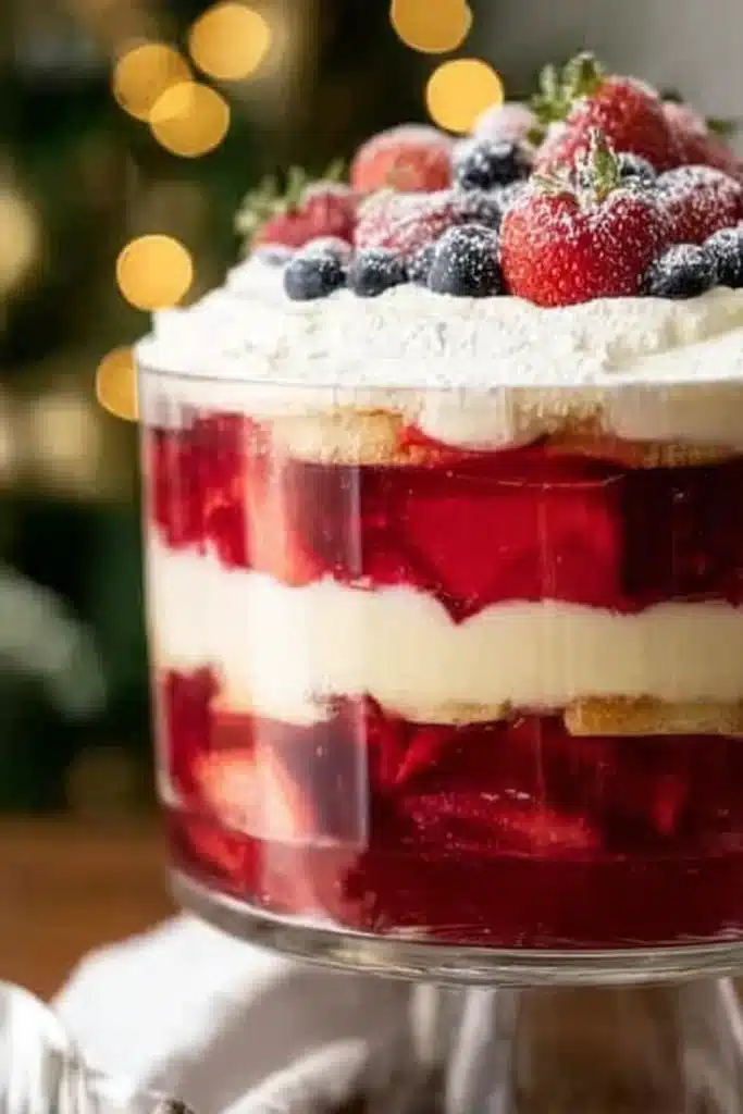 Christmas Trifle Recipe – Stunning & Easy Holiday Dessert 11 Close-up of Christmas trifle layers with jelly, custard, and berries in a glass bowl