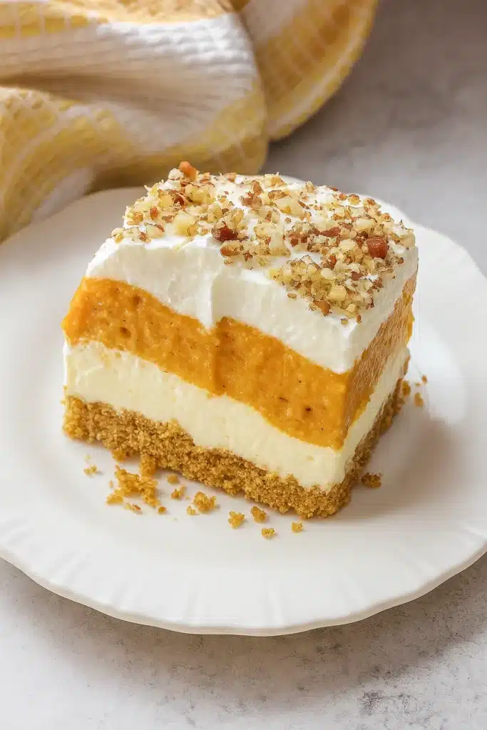 Pumpkin lush dessert slice with whipped topping and pecans on white plate