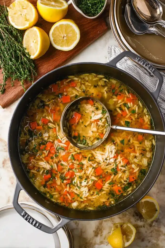 Dutch oven with lemon chicken orzo soup, ladle, carrots, chicken, and herbs