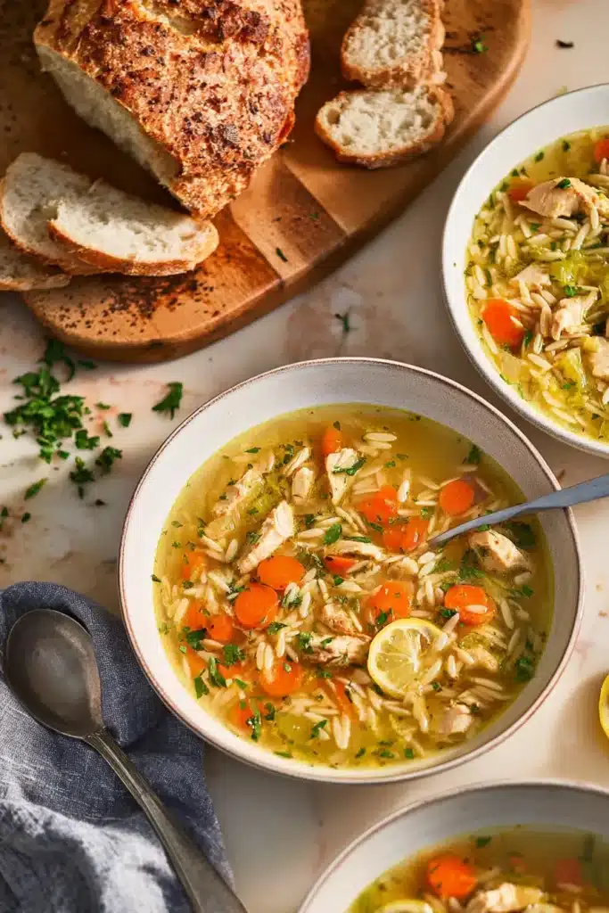 Bowl of lemon chicken orzo soup with carrots, chicken, and bread
