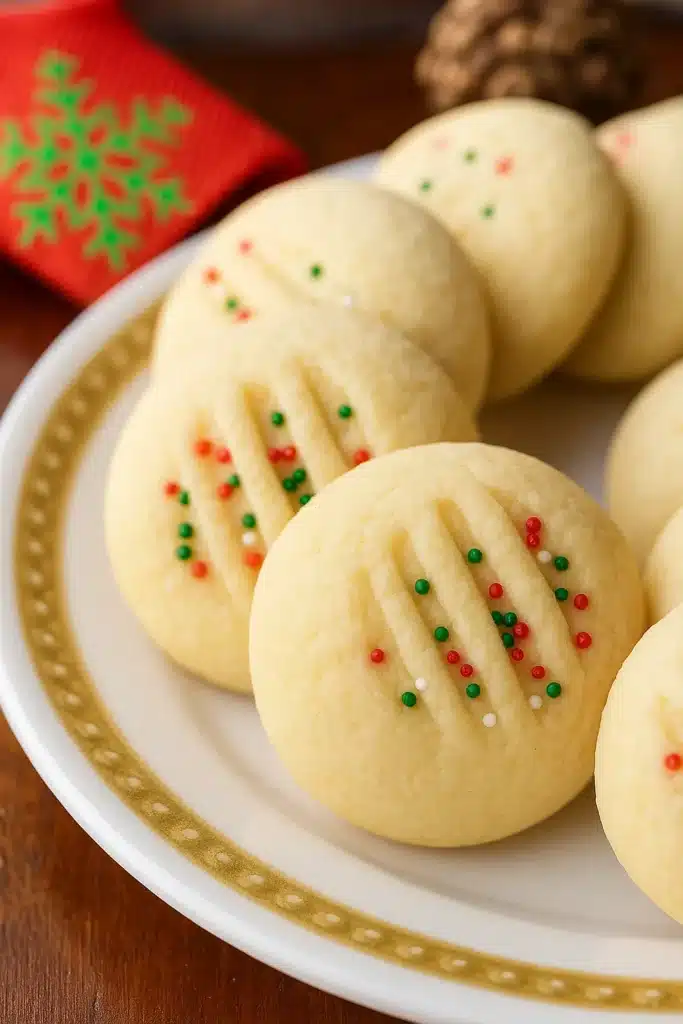 Whipped shortbread cookies lined up on a gold-rimmed plate with sprinkles