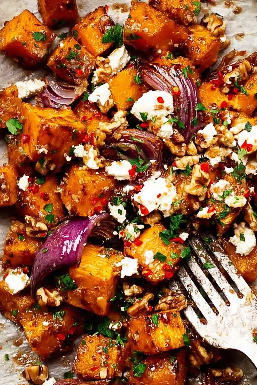 Maple roasted pumpkin with feta, chili, red onions, and walnuts on tray