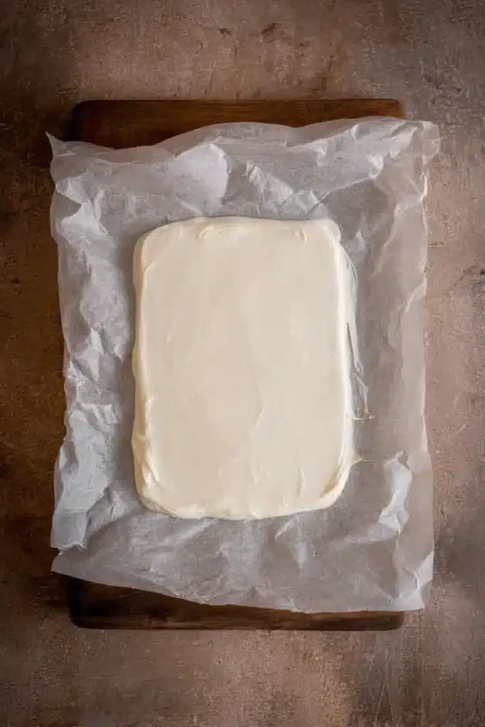 Easy White Chocolate Halloween Oreo Bark spread on parchment paper