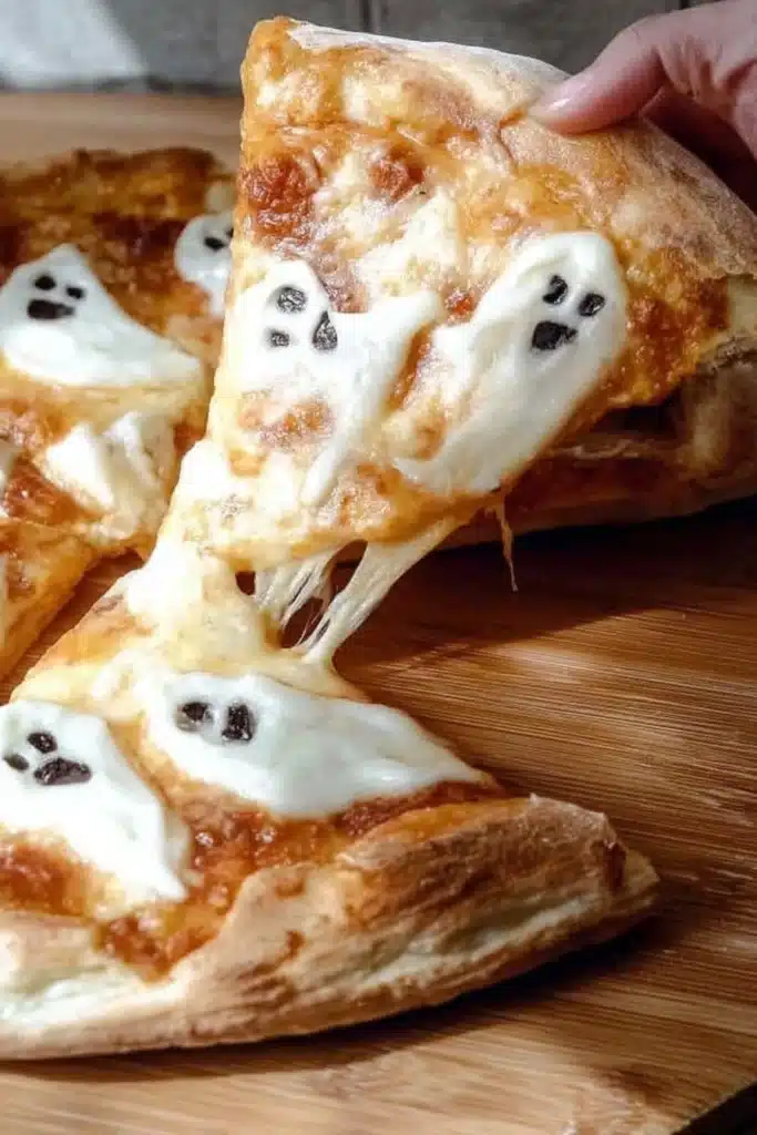 Halloween Ghost Pizza – Easy, Fun, and Spooky 11 Slice of Halloween ghost pizza with melty mozzarella and olive eyes