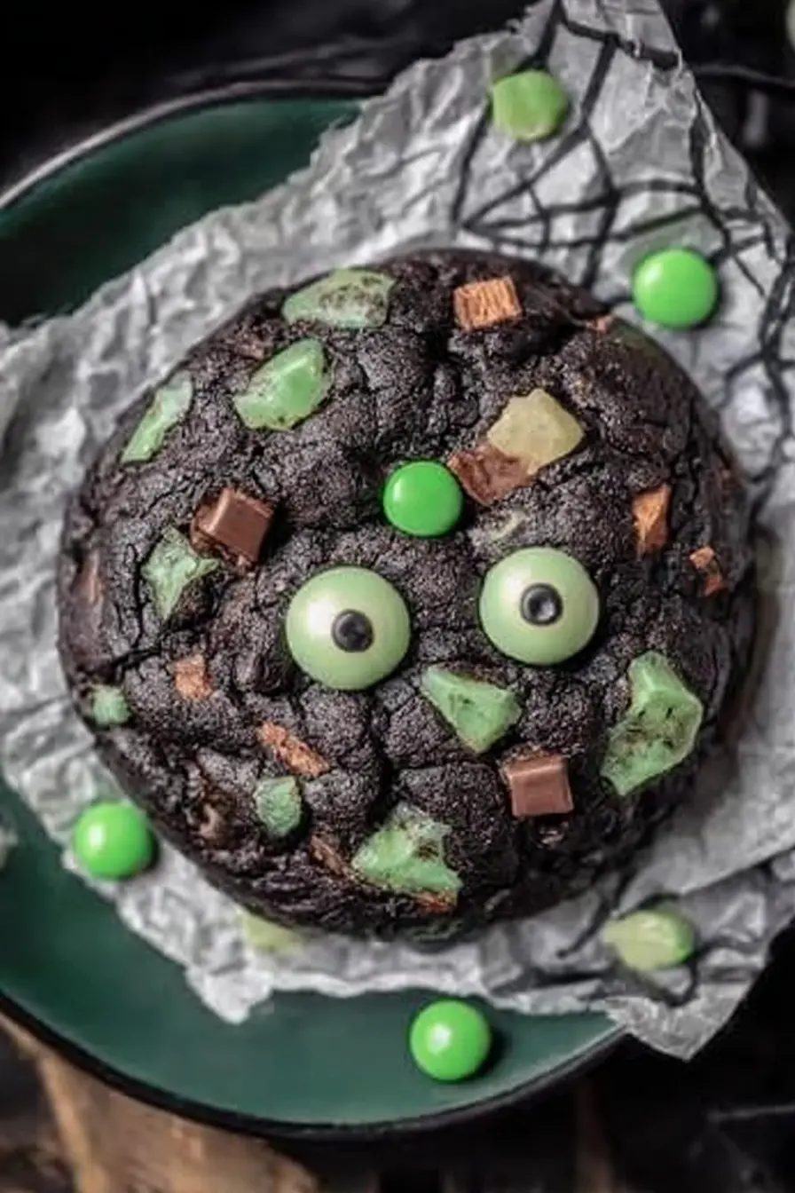 Mint Chocolate Chip Monster Cookies with candy eyes and mint chunks