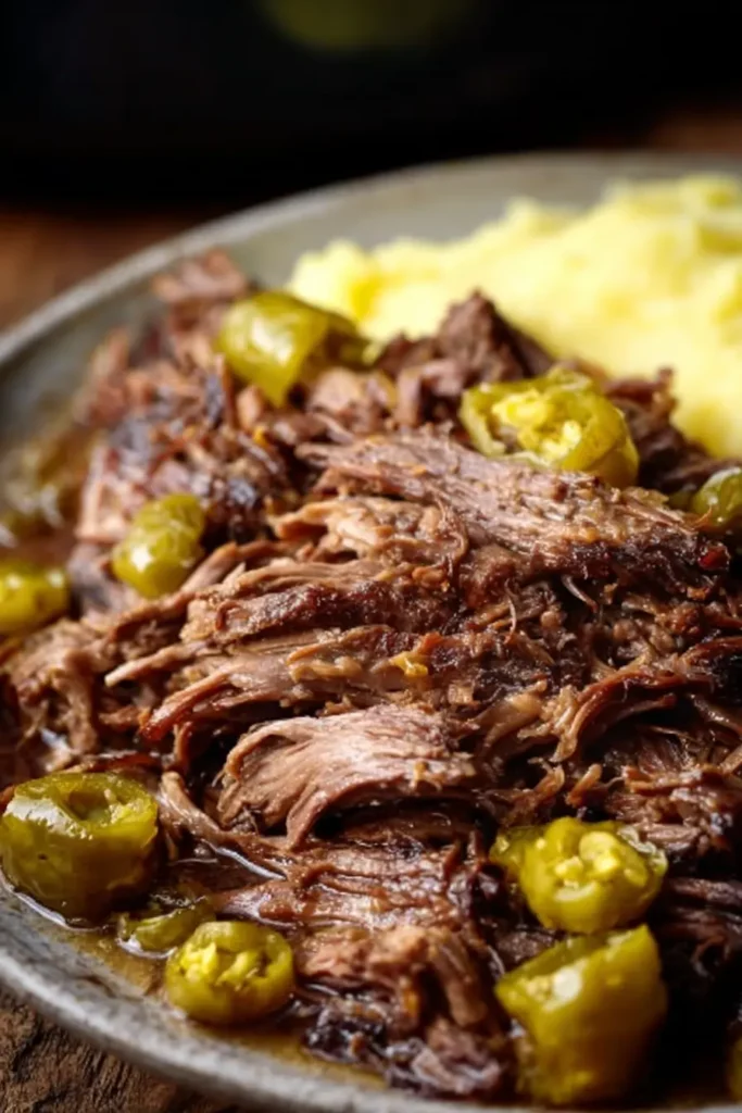 Easy Mississippi pot roast served with mashed potatoes and peppers