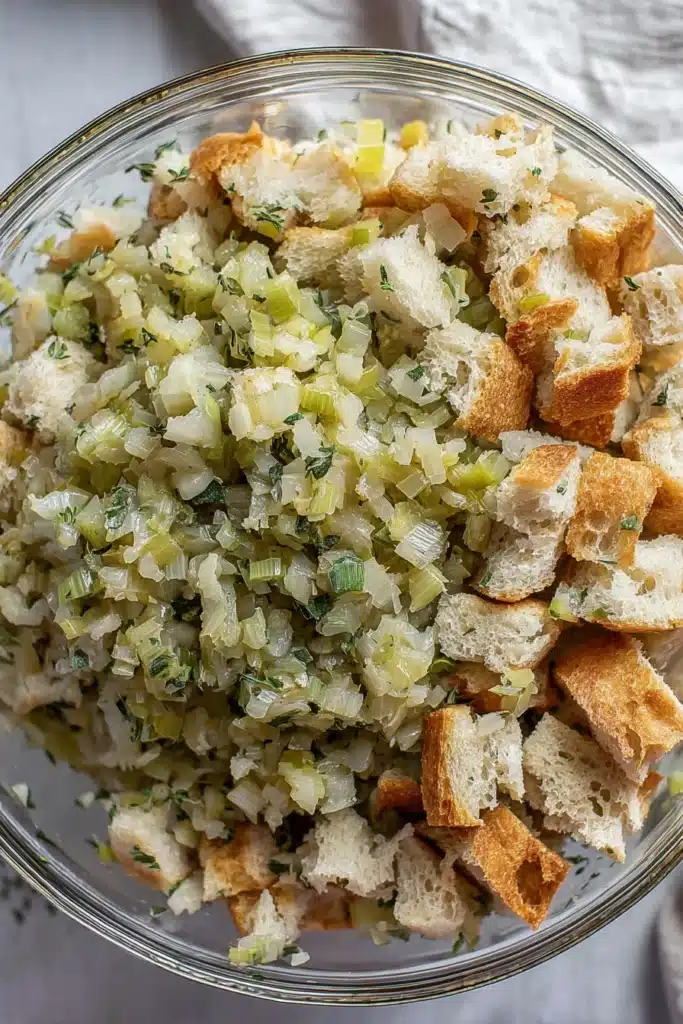 Our Favorite Buttery Herb Stuffing | Ultimate Holiday Side 15 Glass bowl with bread cubes and buttery herb onion-celery mix