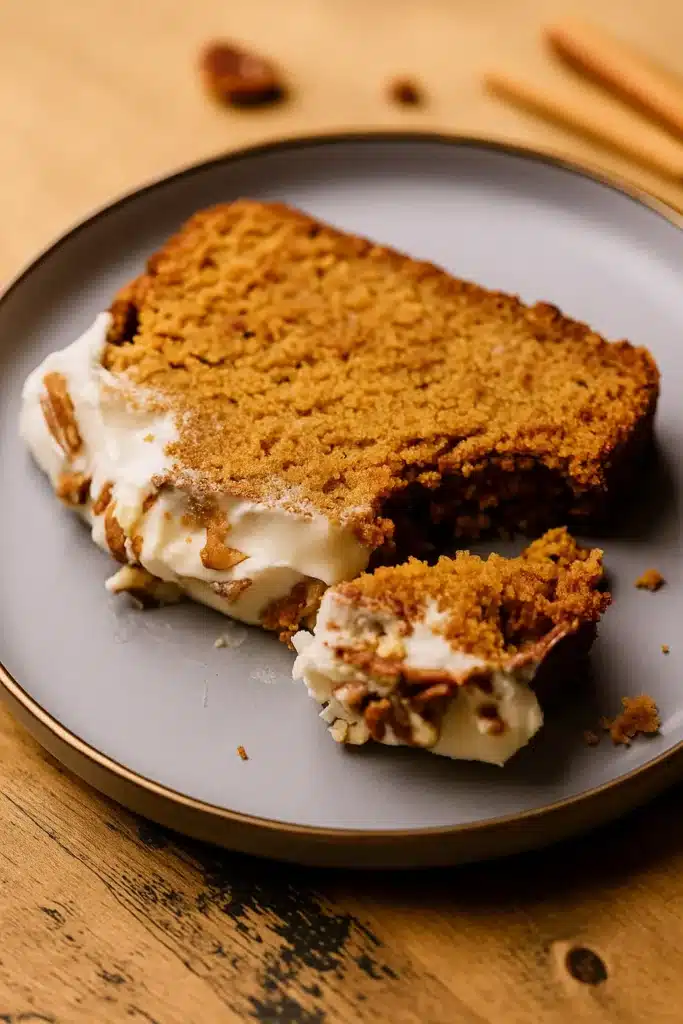 Moist frosted pumpkin bread slice on gray plate with pecans