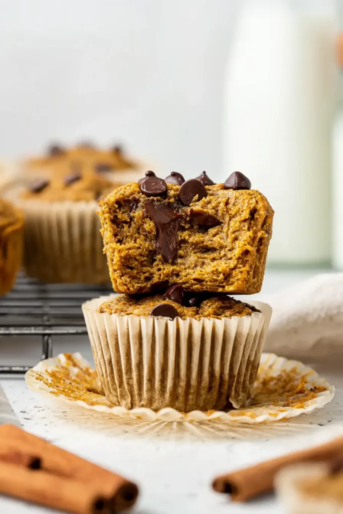 Close-up of bitten pumpkin chocolate chip protein muffin stacked on another