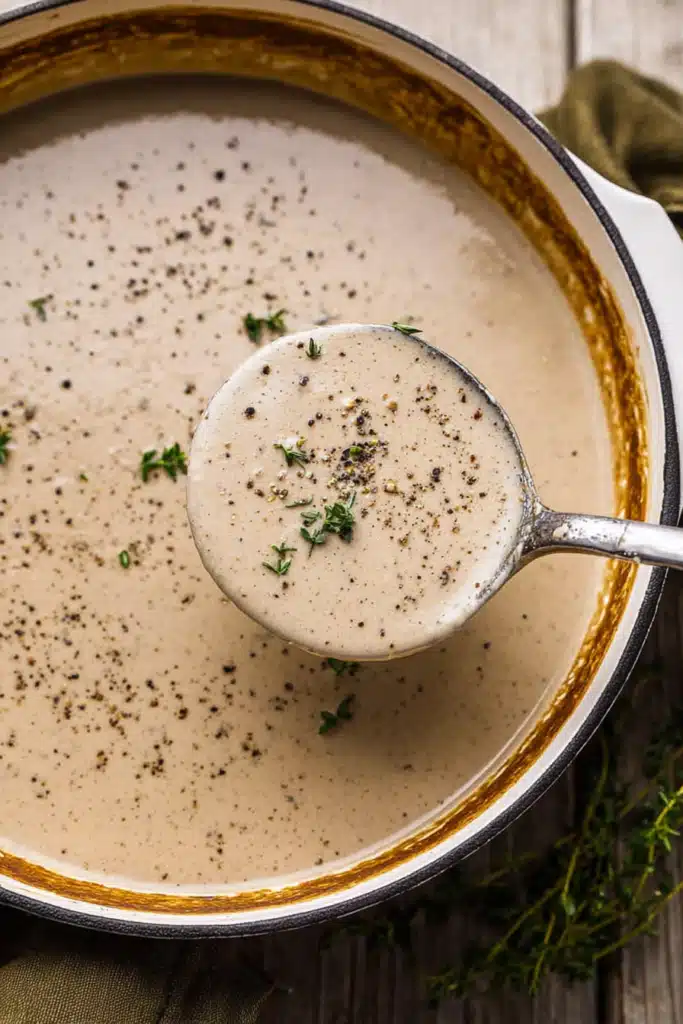 Mushroom Bisque Recipe – Creamy, Cozy and Remarkable 8 Ladle lifting creamy mushroom bisque from a Dutch oven with herbs on top