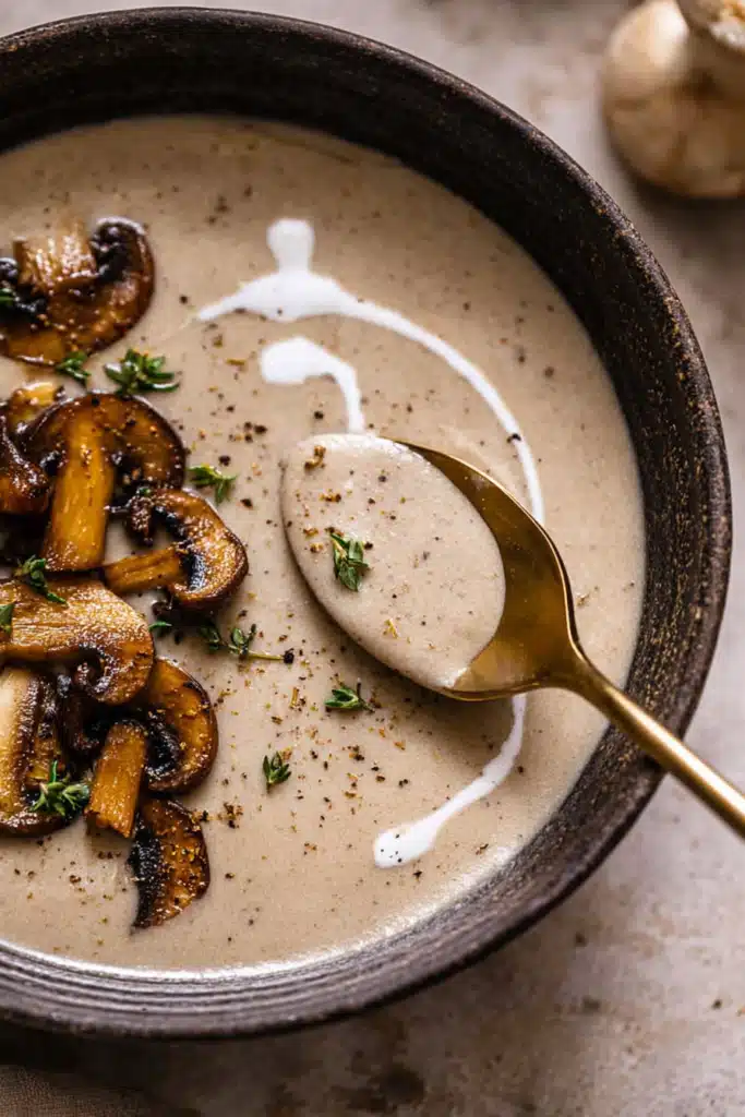 Mushroom Bisque Recipe – Creamy, Cozy and Remarkable 7 Close-up of creamy mushroom bisque with golden mushrooms and gold spoon