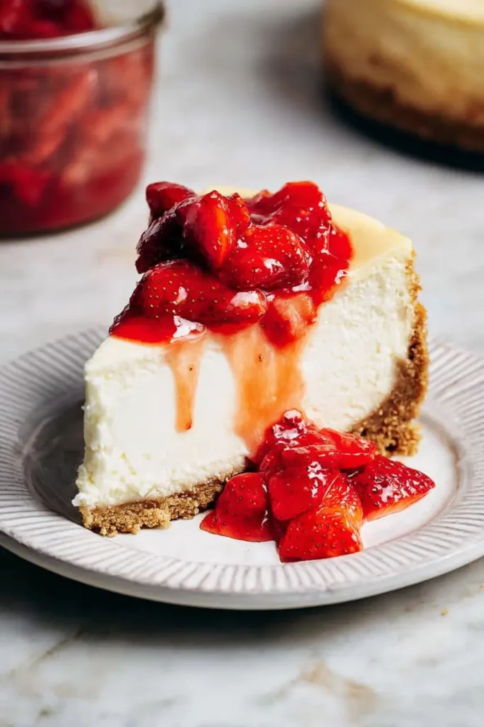 Classic New York Cheesecake Recipe – Foolproof & Delicious 17 Classic New York cheesecake slice topped with fresh strawberry sauce