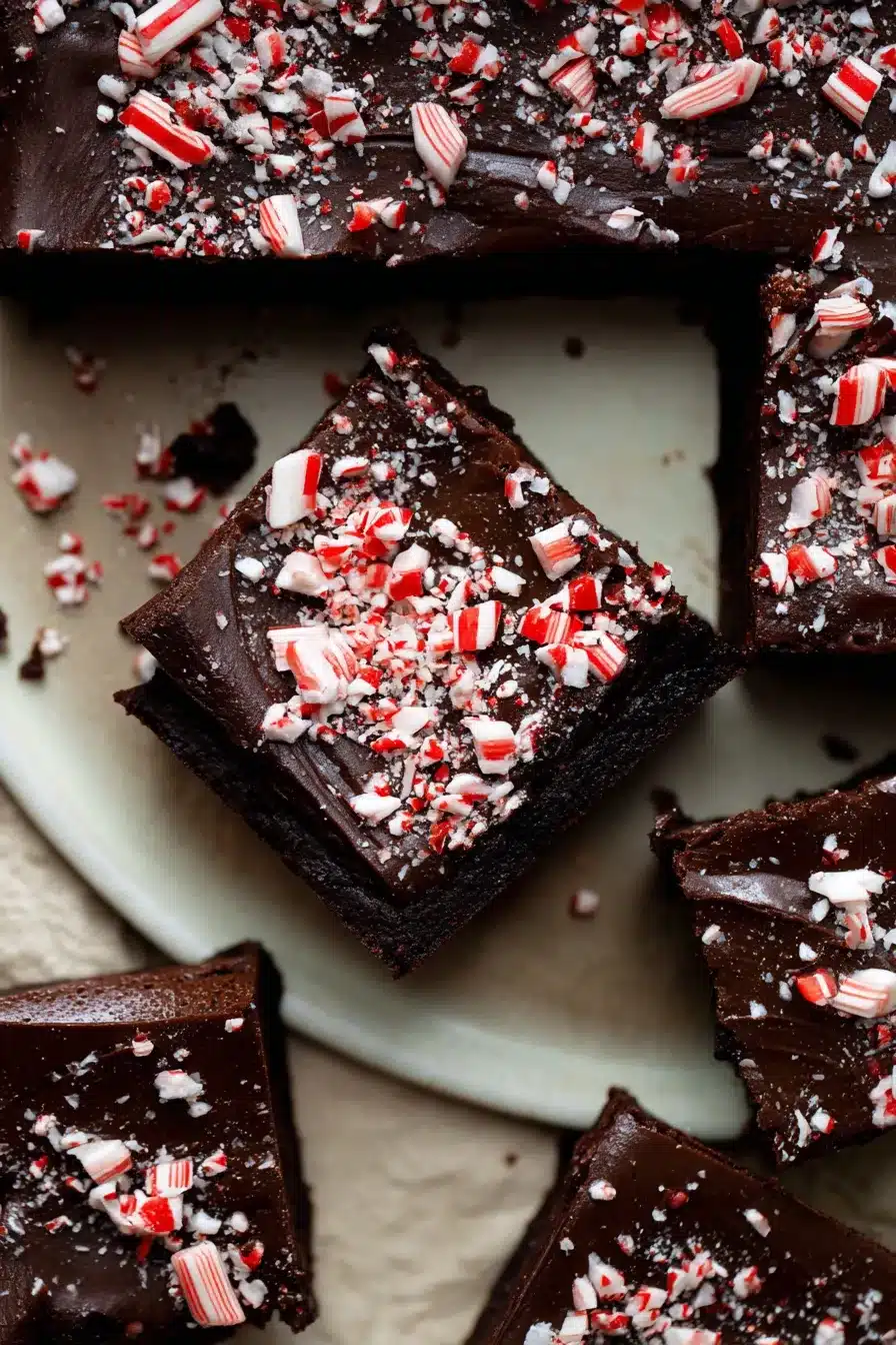 Fudgy one bowl peppermint brownies with glossy ganache and crushed candy topping