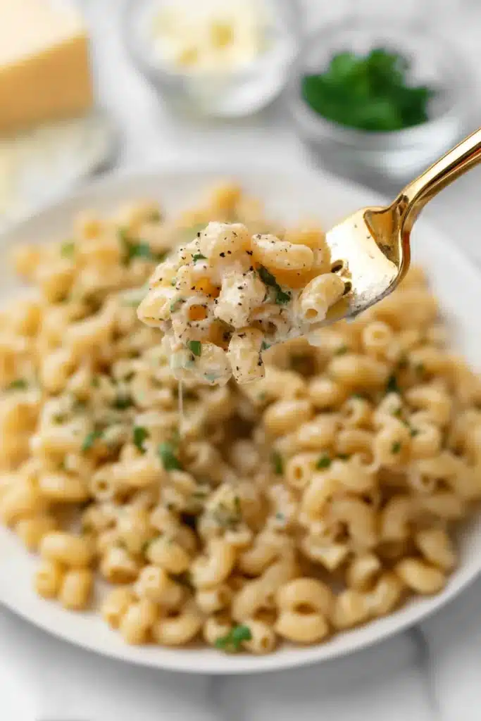 One-Pan Butter Parmesan Pasta (20-Minute Creamy Dinner Recipe) 11 Forkful of creamy One-Pan Butter Parmesan Pasta above serving bowl