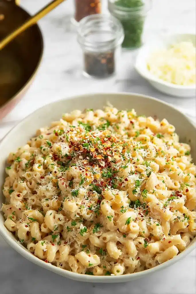 One-Pan Butter Parmesan Pasta topped with parsley, parmesan, and red pepper flakes in a white bowl