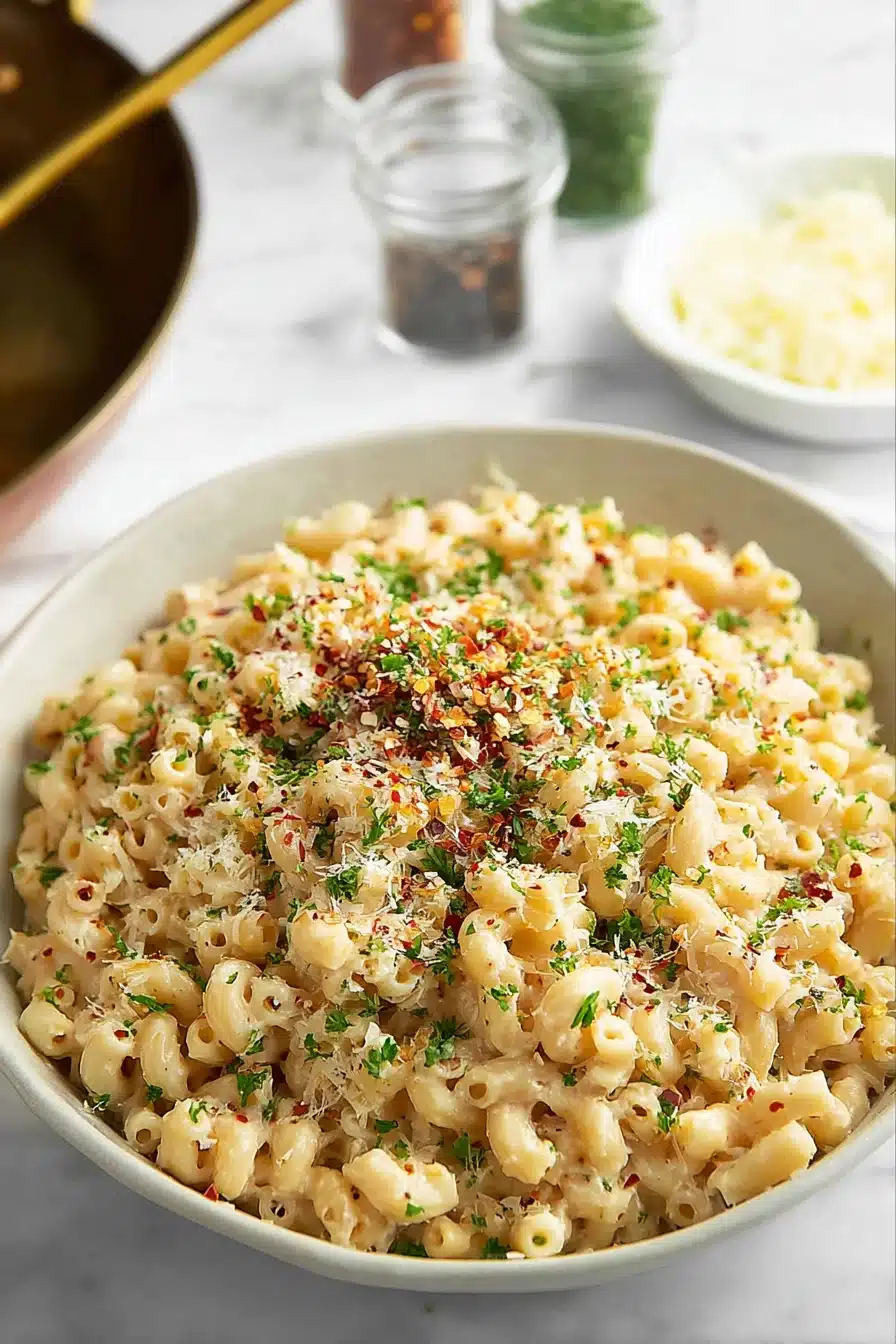 One-Pan Butter Parmesan Pasta topped with parsley, parmesan, and red pepper flakes in a white bowl