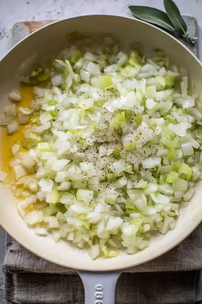 Our Favorite Buttery Herb Stuffing | Ultimate Holiday Side 13 Onions and celery in melted butter with pepper in sauté pan