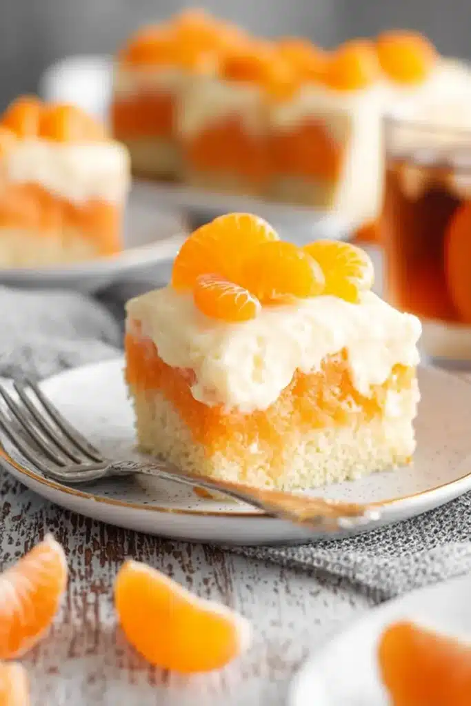Orange creamsicle cake slice with whipped topping and mandarin orange
