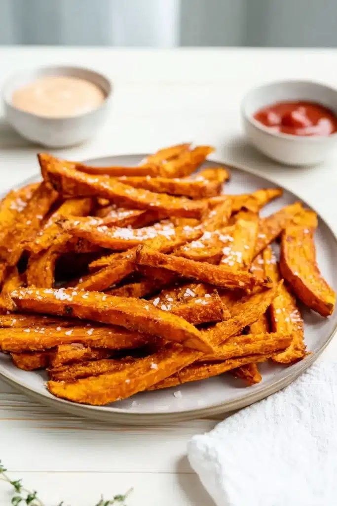 Oven baked sweet potato fries on a plate with salt and dipping sauces