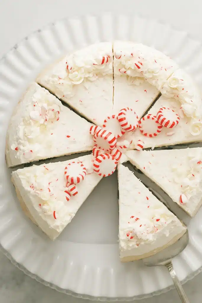 Top-down view of sliced white chocolate peppermint cheesecake on cake stand