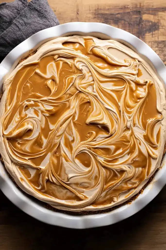 Swirled peanut butter topping on creamy no-bake pie in white dish
