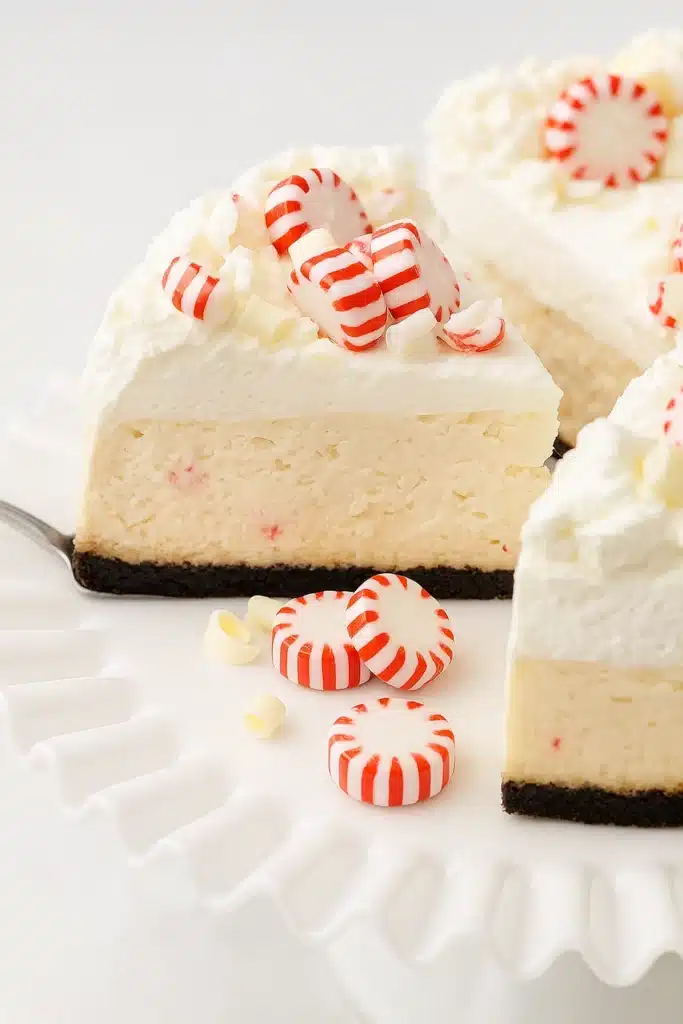 Slice of white chocolate peppermint cheesecake with whipped cream and candy
