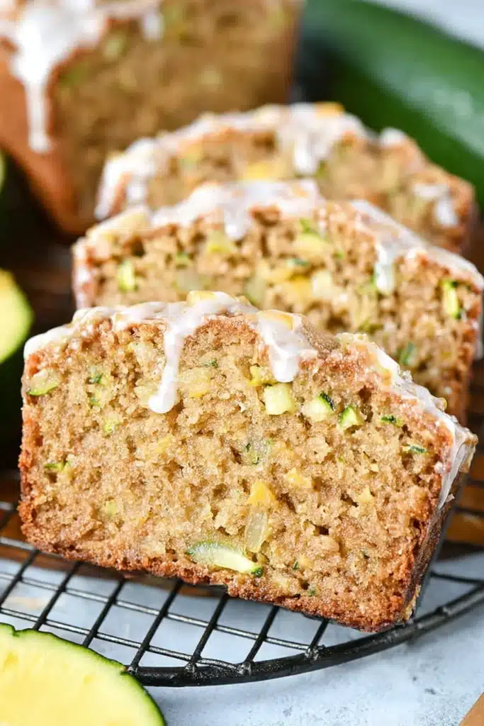Close-up of moist pineapple zucchini bread slices with glaze and fresh ingredients